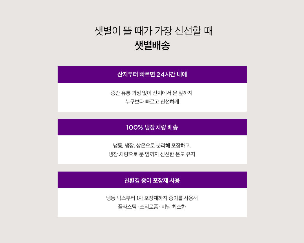 산지부터 빠르면 24시간 내에, 100% 내장 차량 배송, 친환경 종이 포장재 사용